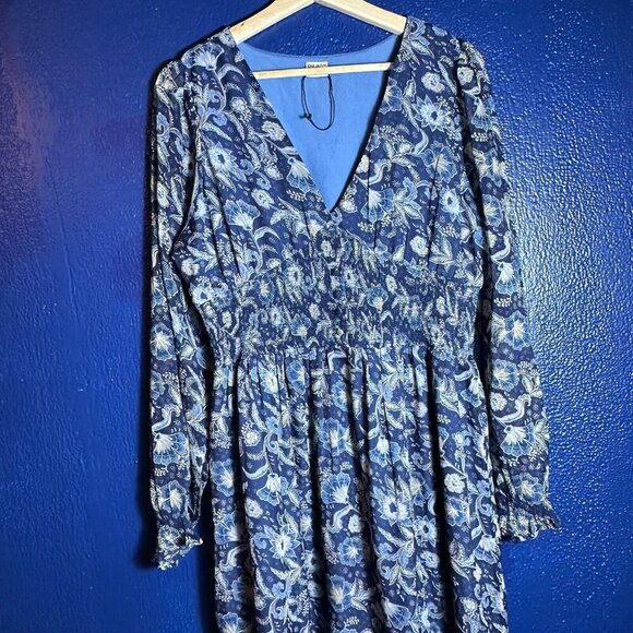 Bila 77 long-sleeve maxi dress with a blue floral Lined V-neckline Sz L Summer - Picture 3 of 10